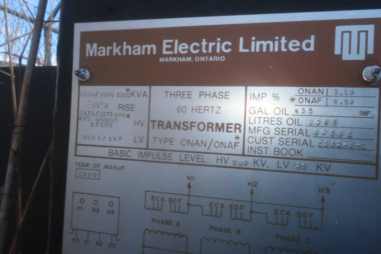 MARKHAM ELECTRIC TRANSFORMER 1500KVA, 3PH, 60HZ, - CONTROL TRANSFORMERS
