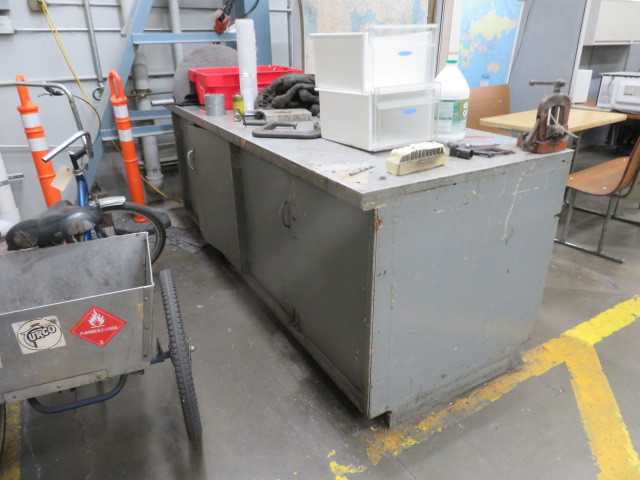 8' X 3' Aluminum Top Table with vise and contents - MATERIAL HANDLING