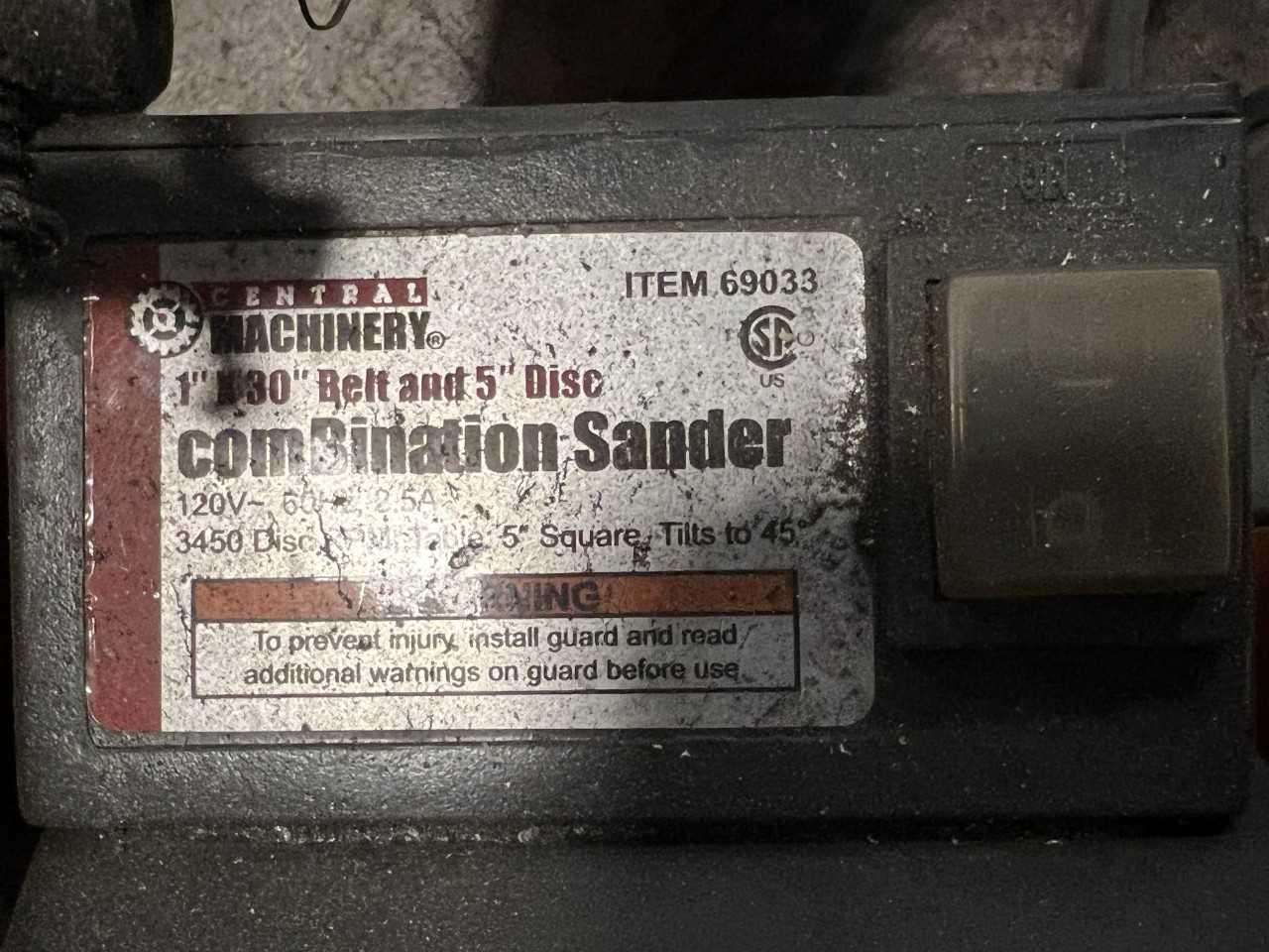 Central Machiner 1"x30" belt and 5" disc combination sander 120V- 60HZ 2.5 A 5" square tilts to 45 degree - GRINDING MACHINES