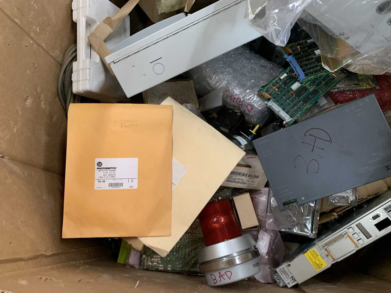CRATE OF MISC. ELECTRICAL AUTOMATION EQUIPMENT RETURNS AND NON-WORKING PARTS - ELECTRICAL COMPONENTS