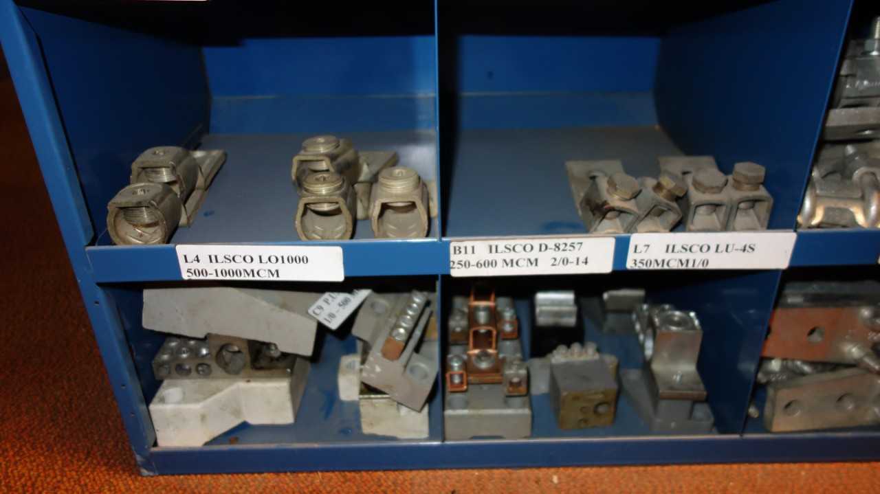 CONTENTS OF 4X STACKED PIGEON HOLE CABINET, ASSORTED BREAKER LUGS, DEAD END CLAMPS, TERMINAL BLOCKS - ELECTRICAL COMPONENTS