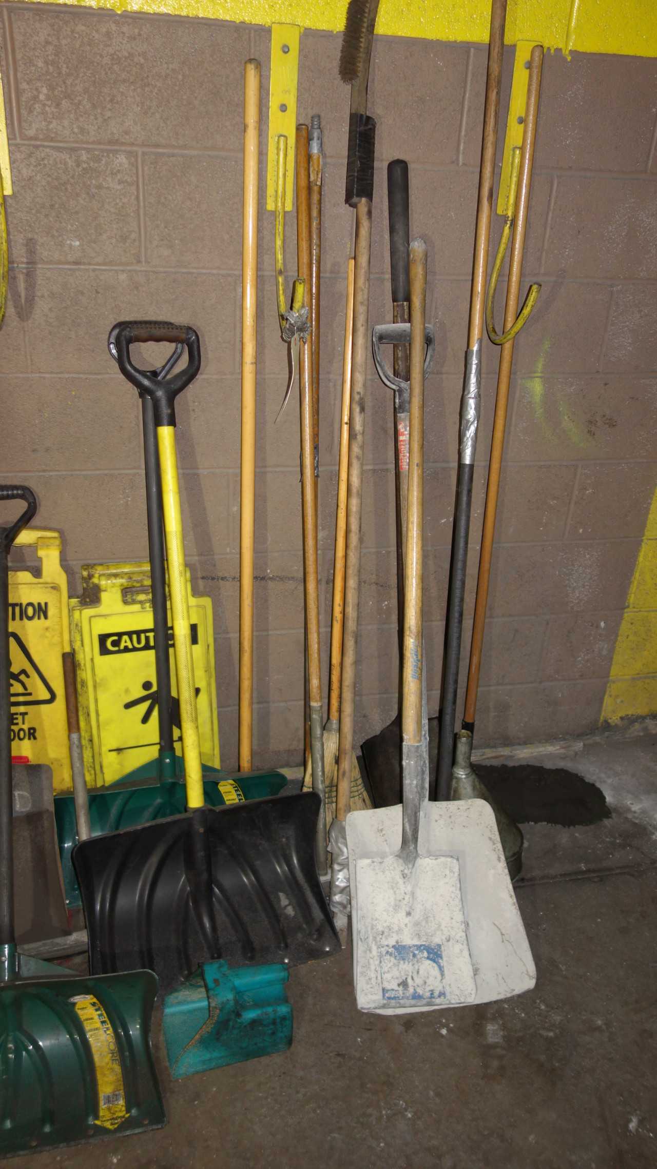 ASSORTED BROOMS, DUST PANS, SHOVELS, SIGNAGE - MISCELLANEOUS