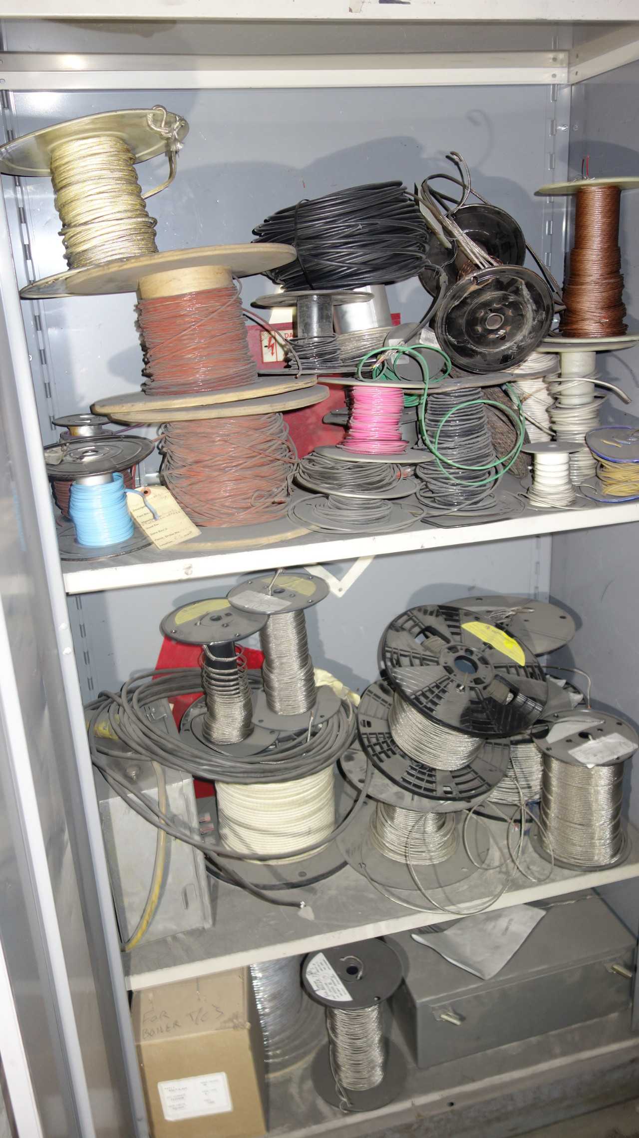 CABINET WITH CONTENTS, ASSORTED WIRE, THERMOCOUPLE - ELECTRICAL COMPONENTS