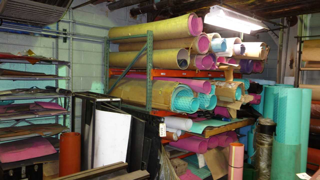 ASSORTED LOT OF GASKET MATERIAL, VARIOUS SIZES, PLASTIC SHEET, RUBBER ROLLS - VALVES