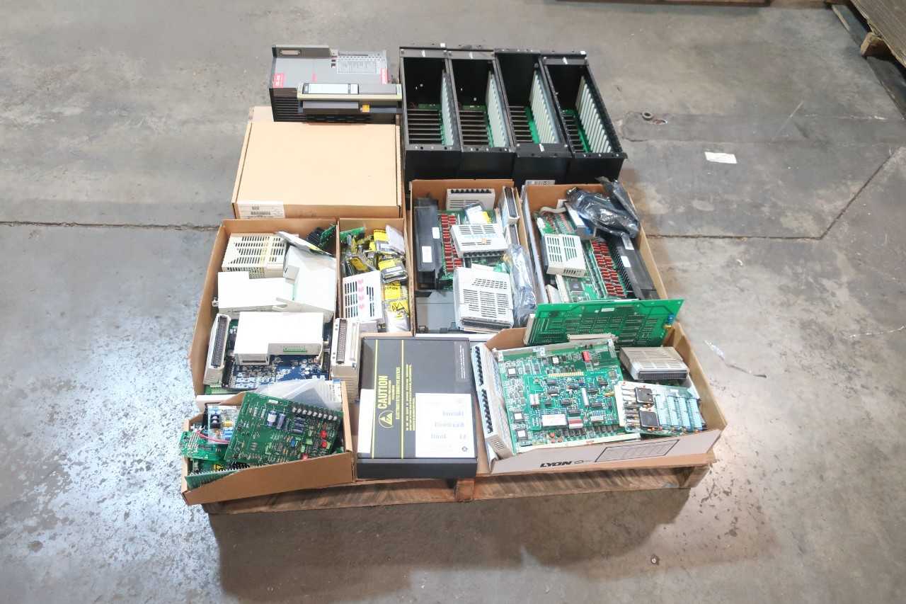 1 PALLET OF ASSORTED ELECTRICAL CIRCUIT BOARDS, MODULES, POWER SUPPLY CONTROLS, AMP RACKS, SERVO DRIVE- WESTINGHOUSE, FISHER ROSEMOUNT, EMERSON, GOULD, BLACKBOX, ALLEN BRADLEY - AUTOMATION & CONTROLS