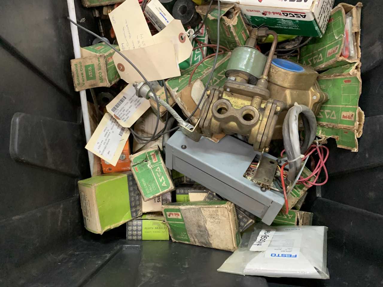 BIN OF NEW & USED ASCO SOLENOID VALVES AND PARTS COILS ETC. - VALVES