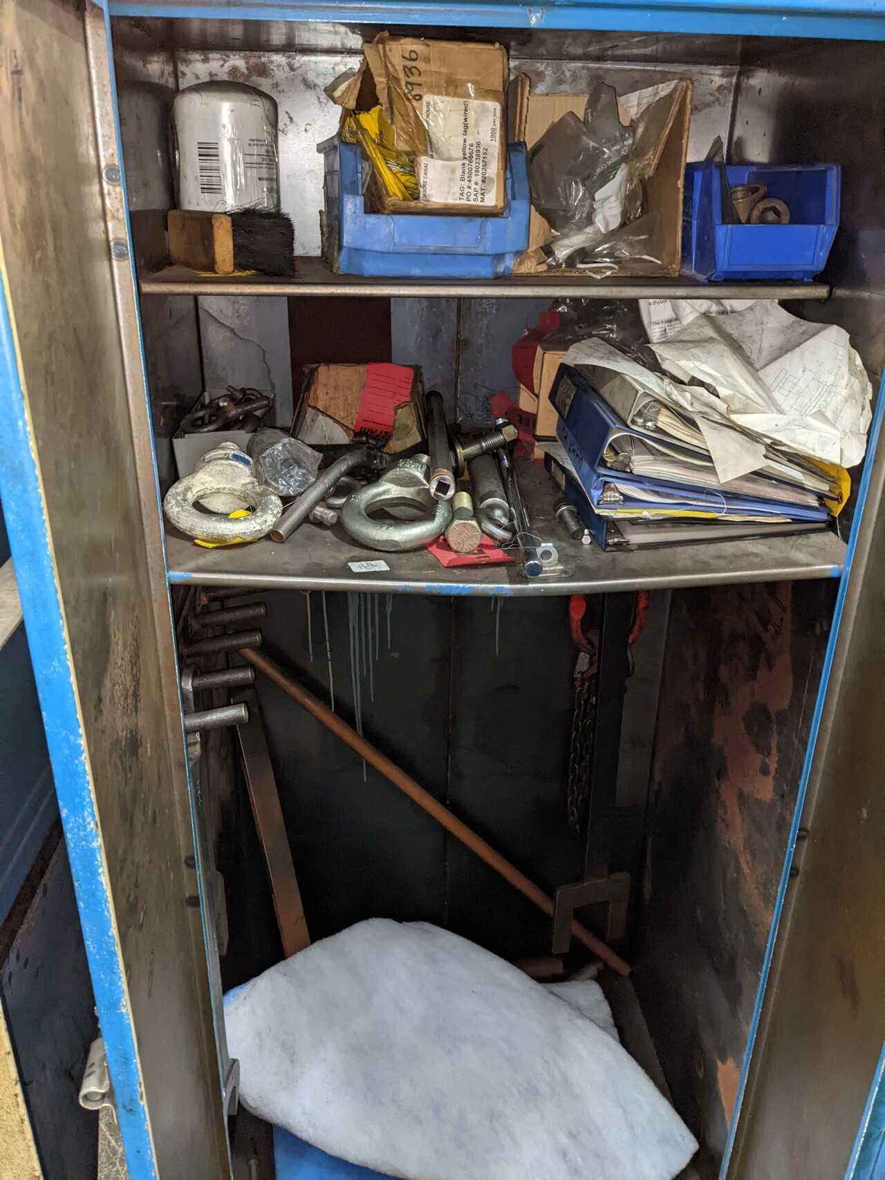 2 DOOR TOOL CABINET WITH CONTENTS, ASSORTED TOOLS, WRENCHES, FILTERS, CLEVISES - TOOL STORAGE