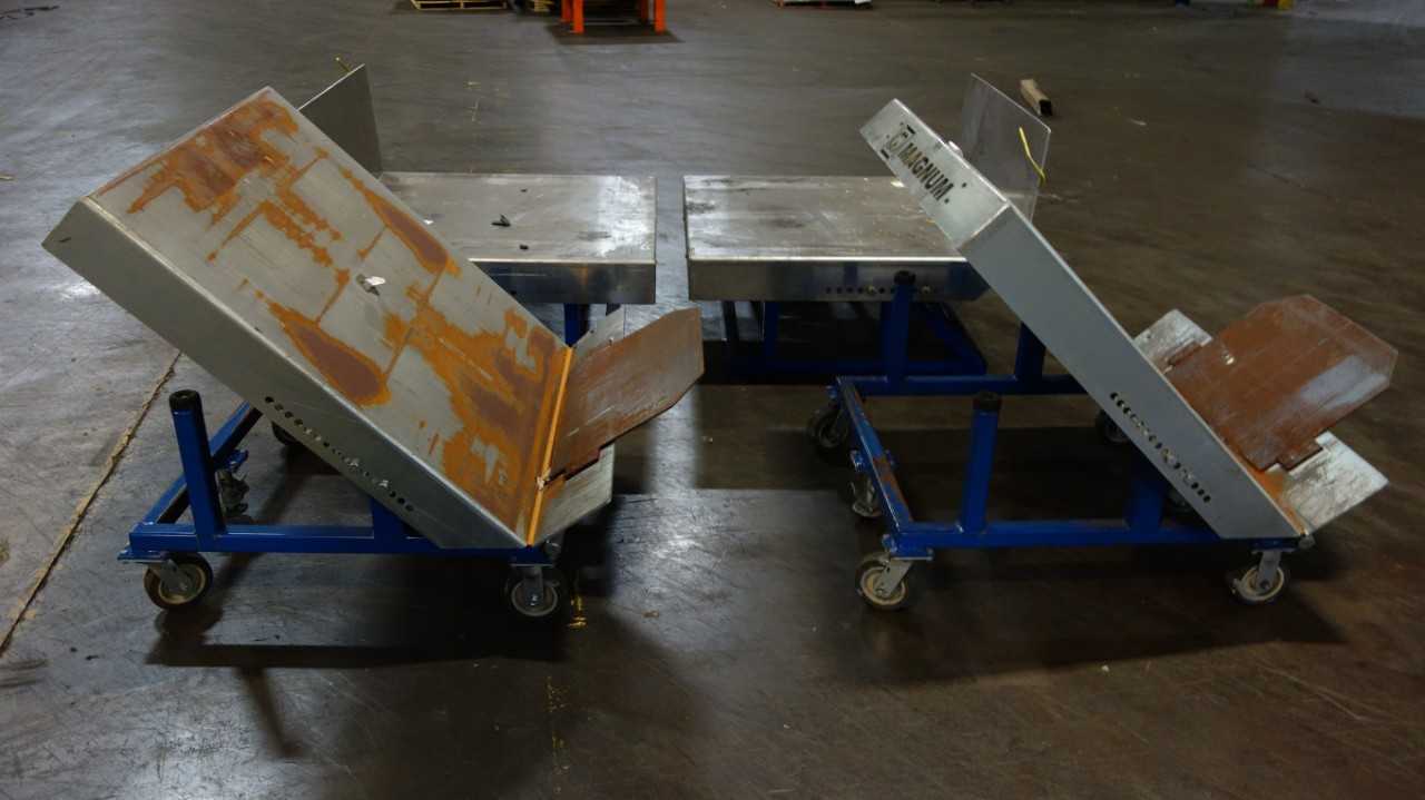 LOT OF 4 ASSORTED MAGNUM MANUAL BASKET TILTER UPENDER CARTS - ROLLING CARTS
