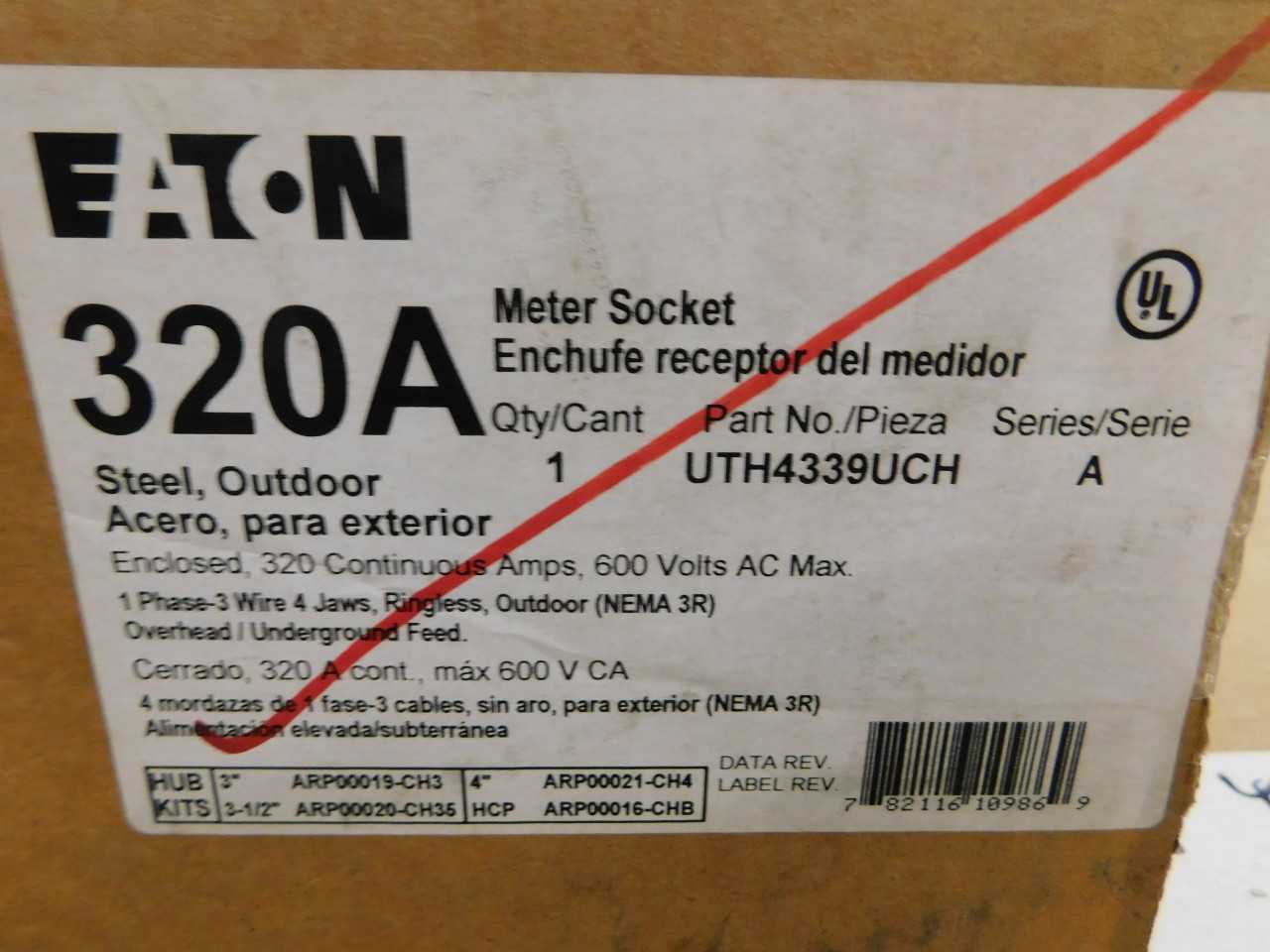 Quantity of 1 New Surplus Eaton UTH4339UCH Meter Socket Ringless 320A 600V 1 - CIRCUIT BREAKERS