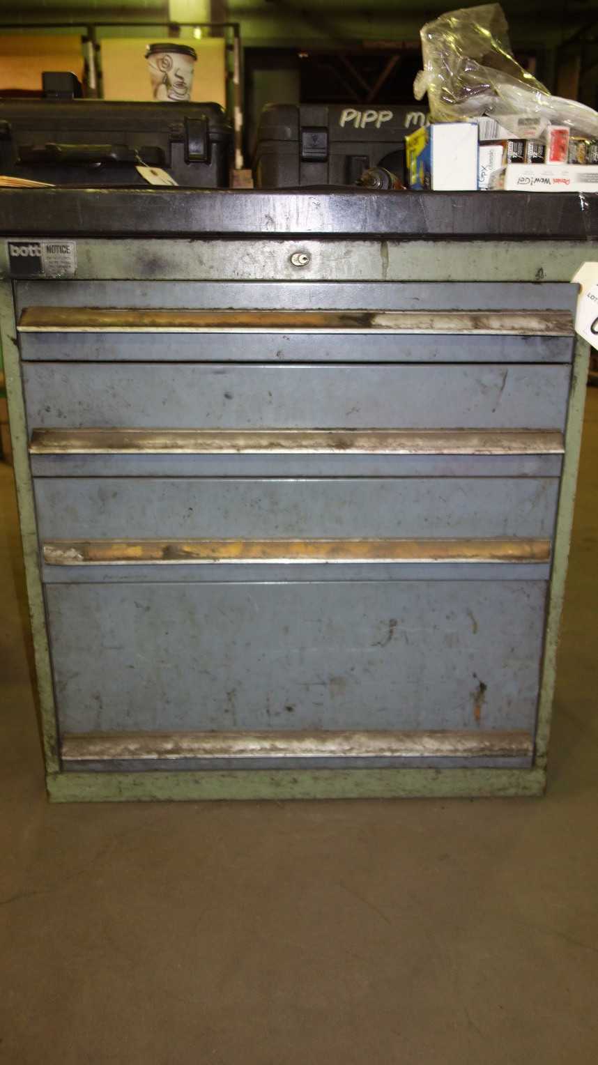 BOTT 3 DRAWER TOOLBOX AND TABLE WITH CONTENTS, 32 IN 80 IN 34 IN, ASSORTED LATHE CHUCKS AND TOOLING - HAND TOOLS