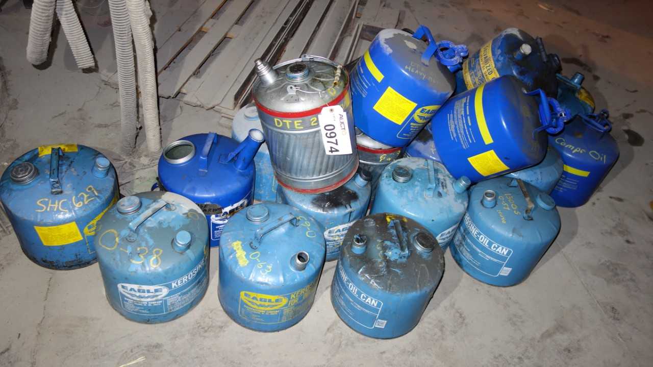 LOT OF ASSORTED EMPTY KEROSINE-OIL CANS, 5 GALLON, EAGLE - WASTE BINS