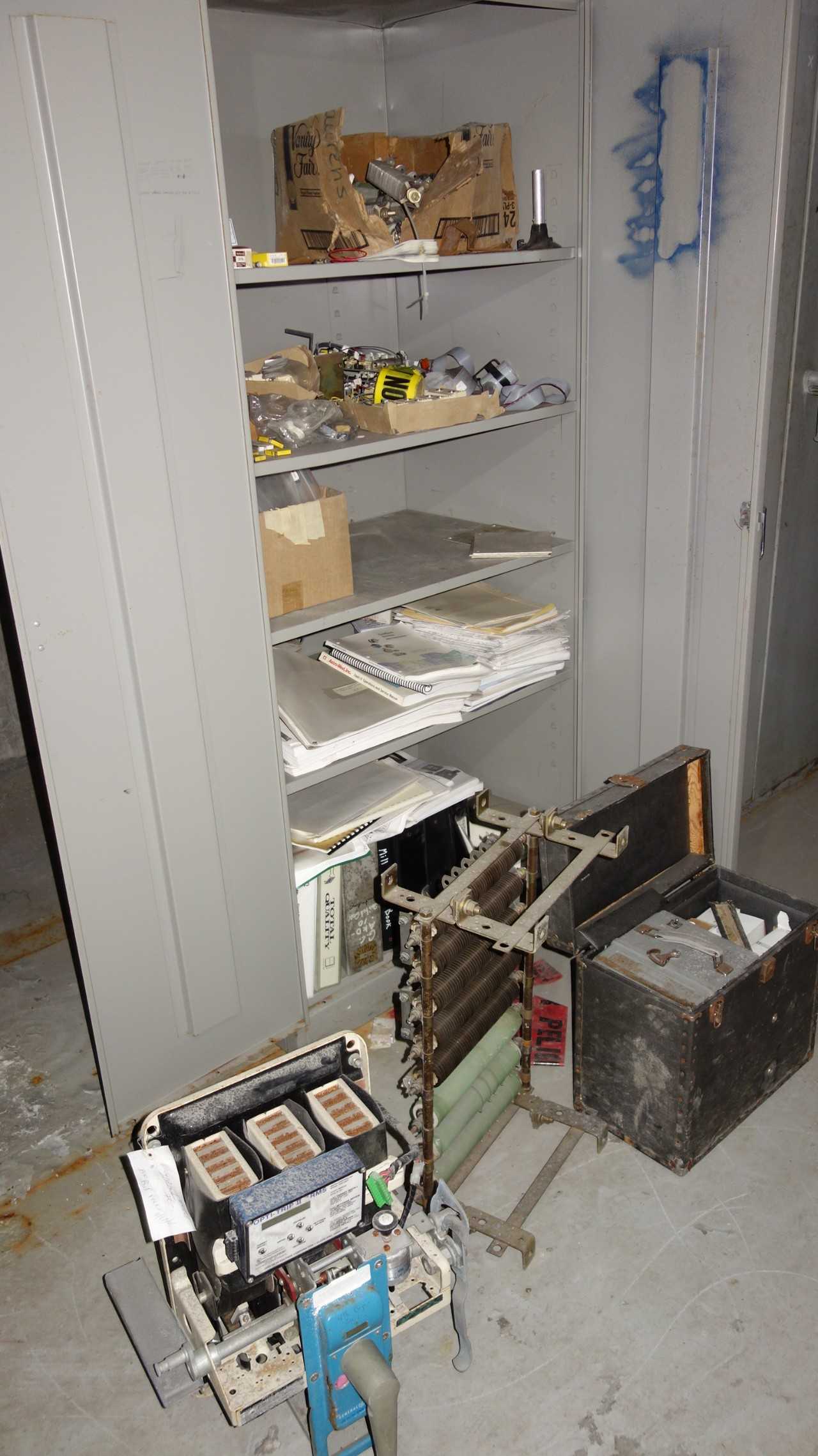 CABINET WITH ELECTRICAL CONTENTS, GE BREAKER, PARTS, RECORDERS - CIRCUIT BREAKERS