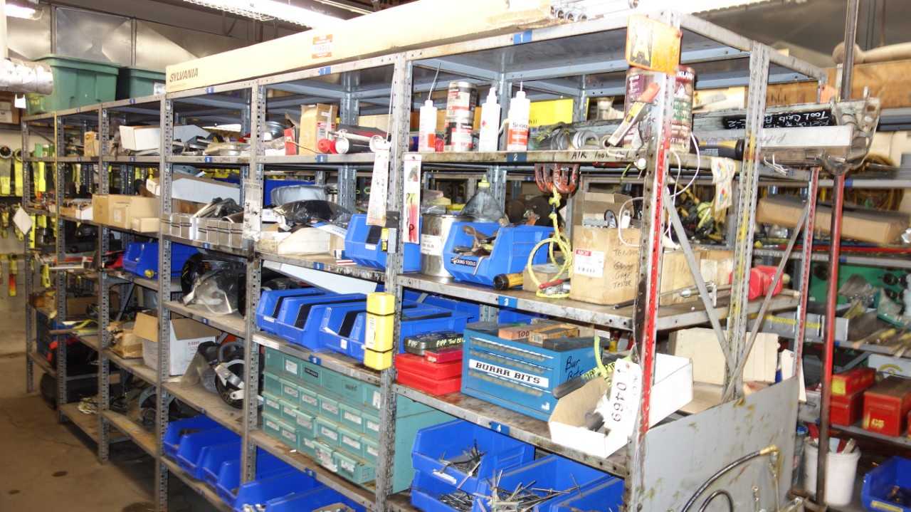 CONTENTS OF 6 SHELVING SECTIONS ASSORTED SCREWS HOOKS WELDING EQUIPMENT WRENCHES SOCKETS AND STAMPS - INDUSTRIAL PARTS