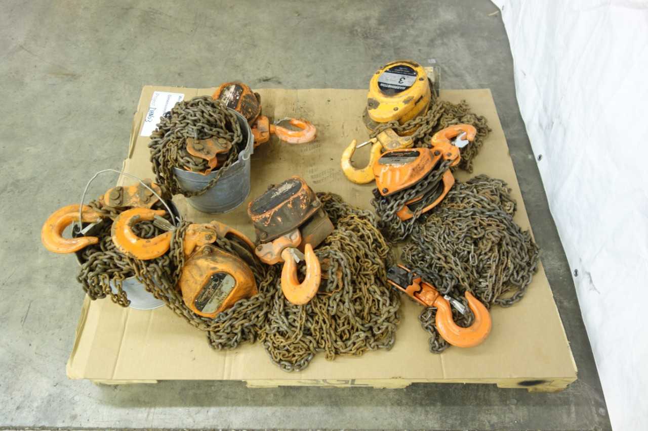 LOT OF 5 ASSORTED 3 TON CHAIN FALL MANUAL HOISTS - LIFTING EQUIPMENT