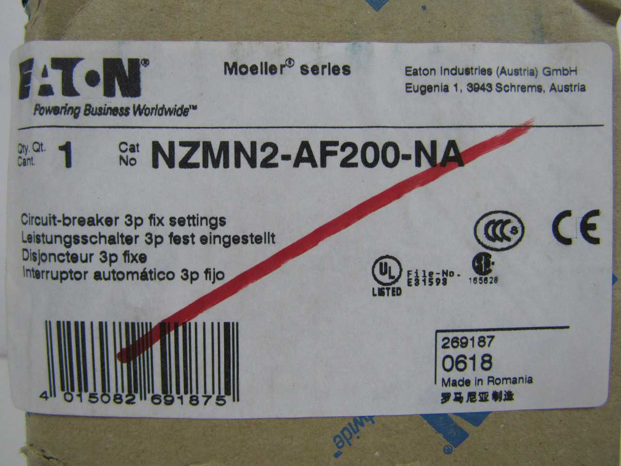 Quantity 1 of Eaton NZMN2-AF200-NA MCCB NZM 3P 200A 690VAC - CIRCUIT BREAKERS
