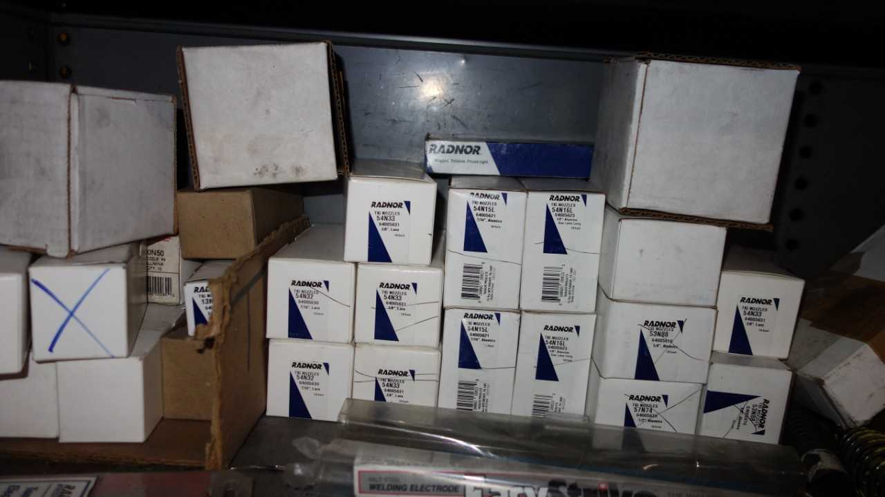 CABINET WITH CONTENTS, ASSORTED WELDING ACCESSORIES, NOZZLES, AND WIRE - WELDING EQUIPMENT