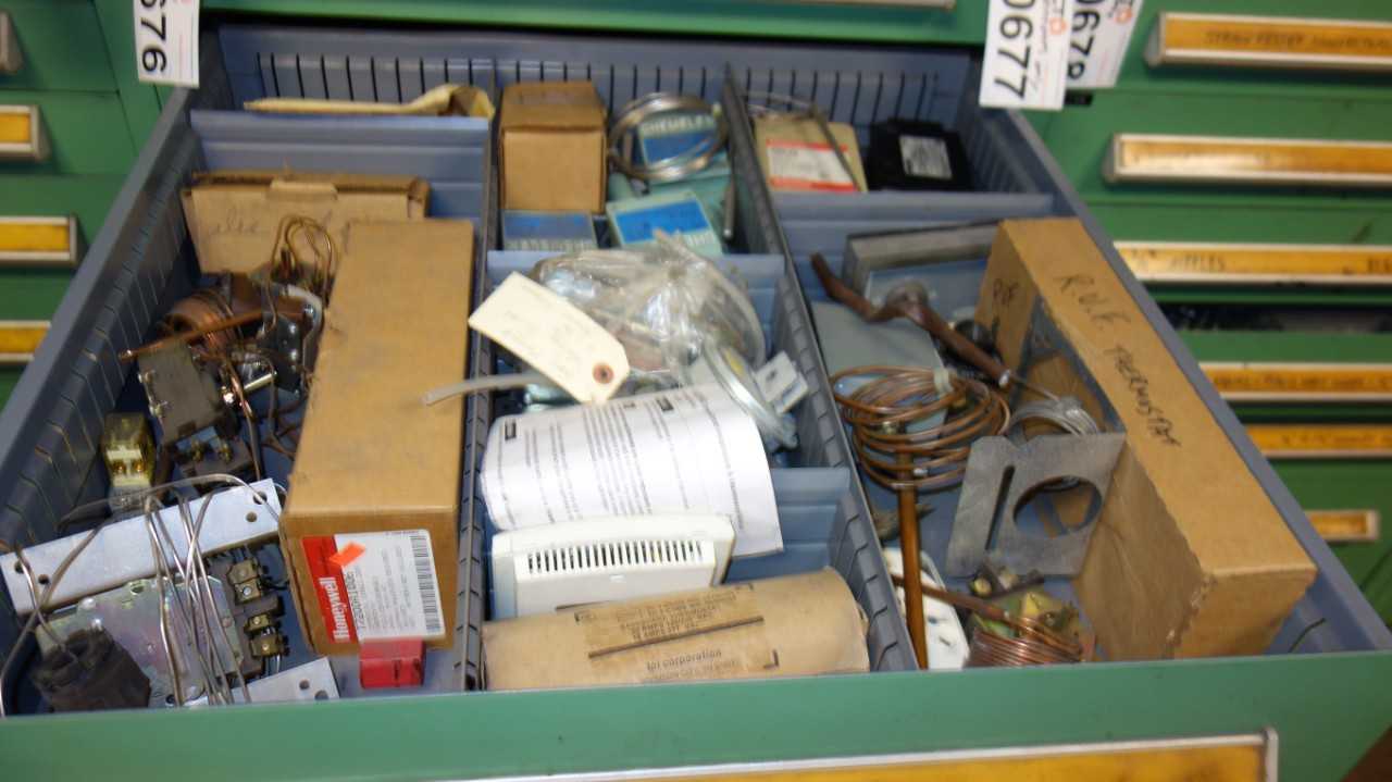 CONTENTS OF CABINET, ASSORTED ELECTRICAL MRO, BREAKERS, TEMPERATURE CONTROLLERS - ELECTRICAL COMPONENTS