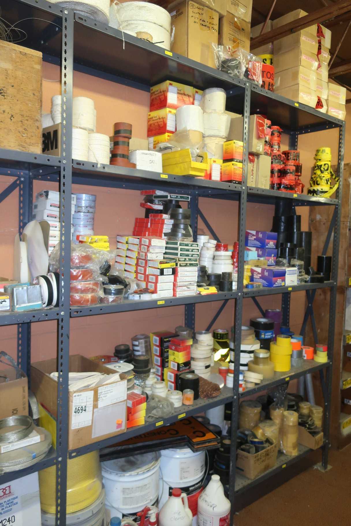 CONTENTS OF SHELF, ASSORTED CONSUMABLE SAFETY SUPPLIES, CAUTION TAPE, ASBESTOS TAPE, DUCT TAPE, SCOTCH TAPE, LUBRICANT - SAFETY EQUIPMENT