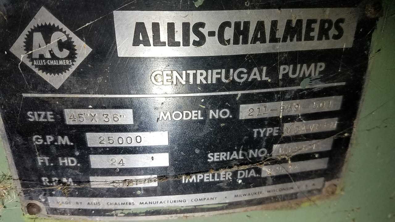 ALLIS CHALMERS 211-959-501 45 IN X 36 IN 25000GPM 440V-AC 200HP CENTRIFUGAL PUMP - CENTRIFUGAL PUMP
