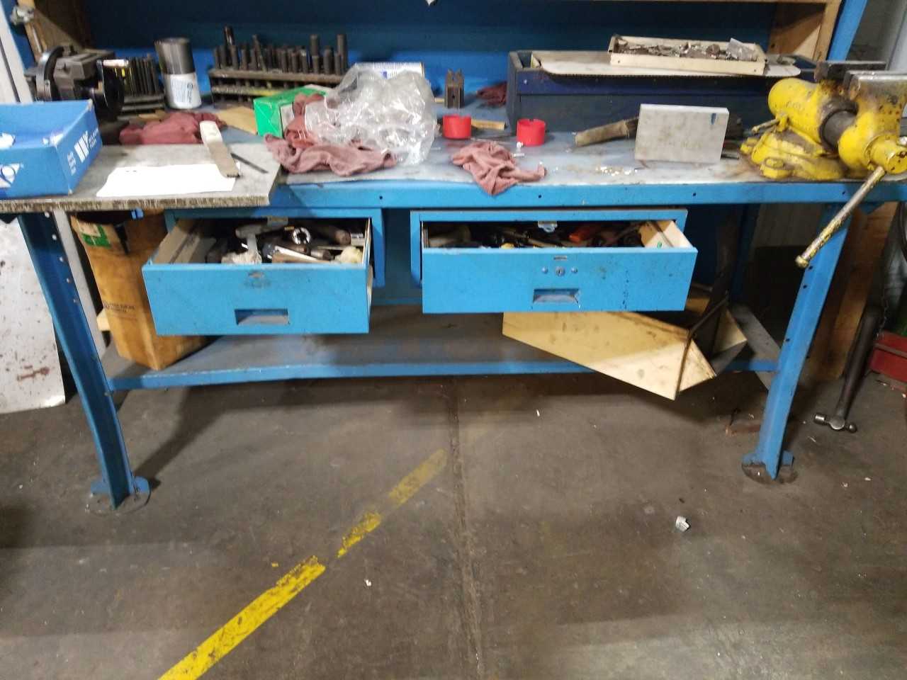 BLUE TOOL ROOM WORK TABLE WITH BENCH VISE( NO CONTENTS) - MISCELLANEOUS