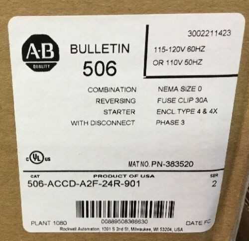 New in Box - ALLEN BRADLEY BULLETIN 506-ACCD-A2F-24R-901 SS Combo Reversing Starter With Disconnect - ELECTRICAL COMPONENTS