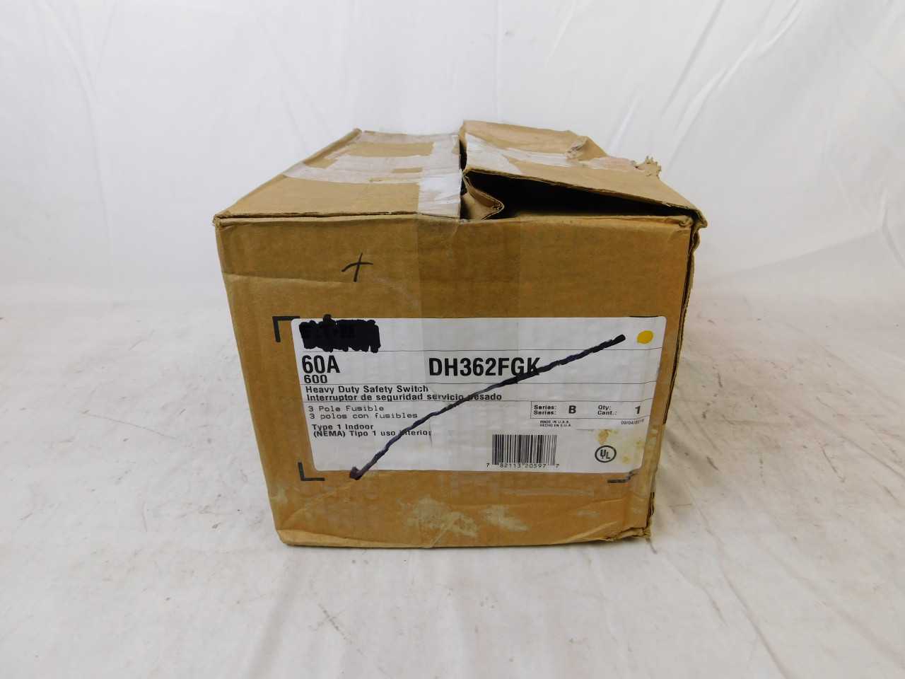 Quantity of 1 New Surplus Eaton DH362FGK Safety Switch 3P 60A 600V 3 Ph Fusible w/ Neutral NEMA1 - DISCONNECT SWITCHES