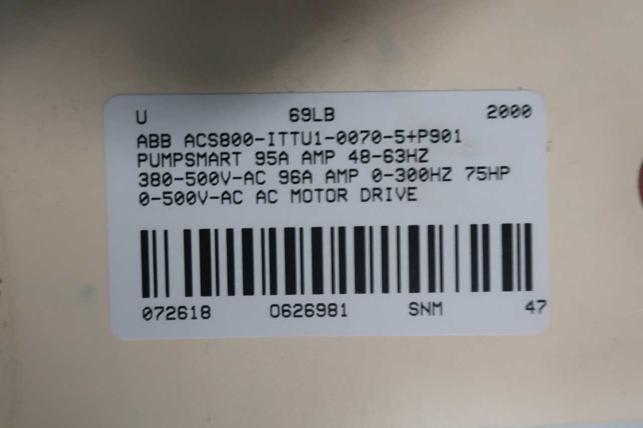 ABB ACS800-ITTU1-0070-5+P901 PUMPSMART 380-500V-AC 0-300HZ 0-500V-AC 75HP AC VFD DRIVE - MOTOR DRIVES
