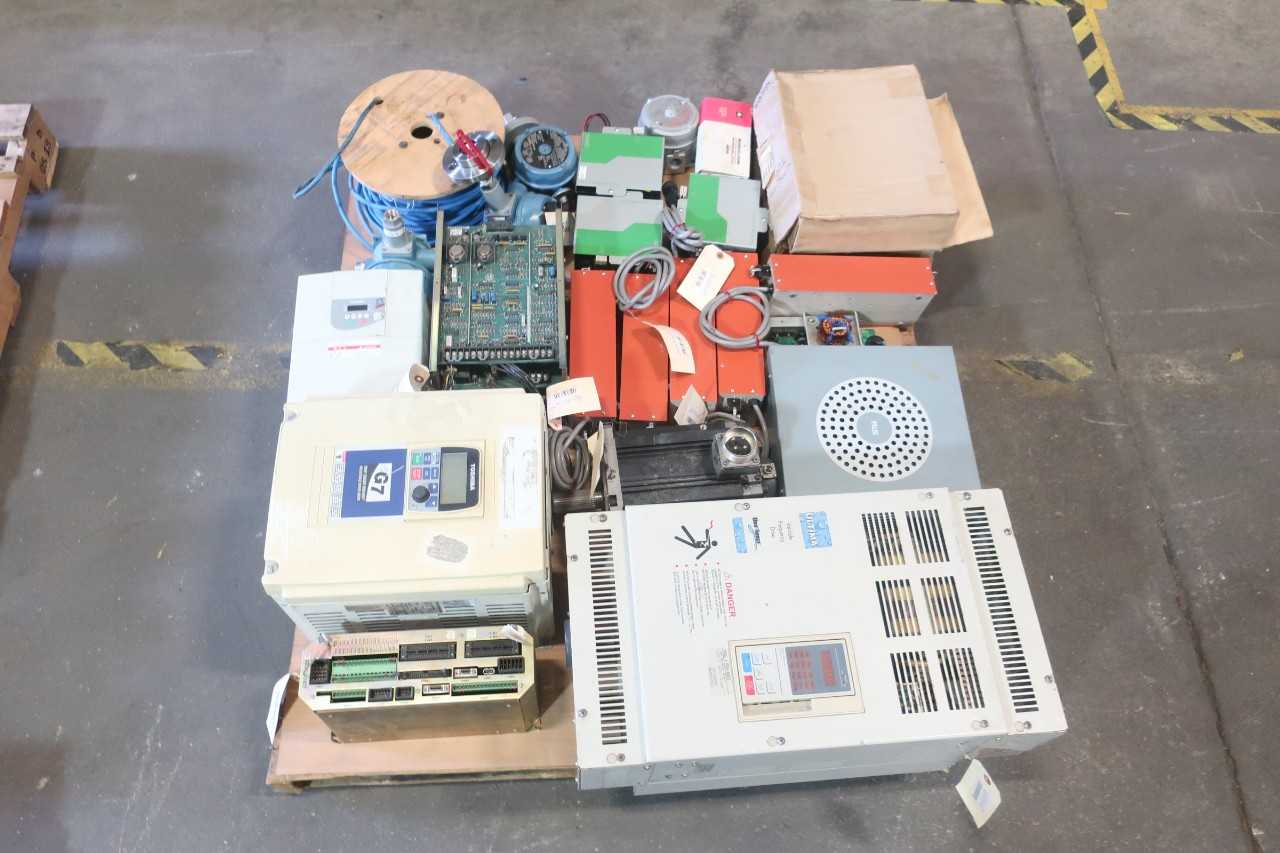 1 PALLET OF ASSORTED ELECTRICAL SERVO MOTOR, AC MOTOR DRIVE, ELECTRONIC HORN, SERVO CONTROLLERS, POWER SUPPLY MODULE, SWITCH CONTROLLERS, POWER SUPPLY- RIS, MITSUBISHI, UNO SOURCE, TOBISHA, UNITED ELECTRIC, DAIFUKU, SHOWA, PHEONIX CONTACT - ELECTRICAL COMPONENTS