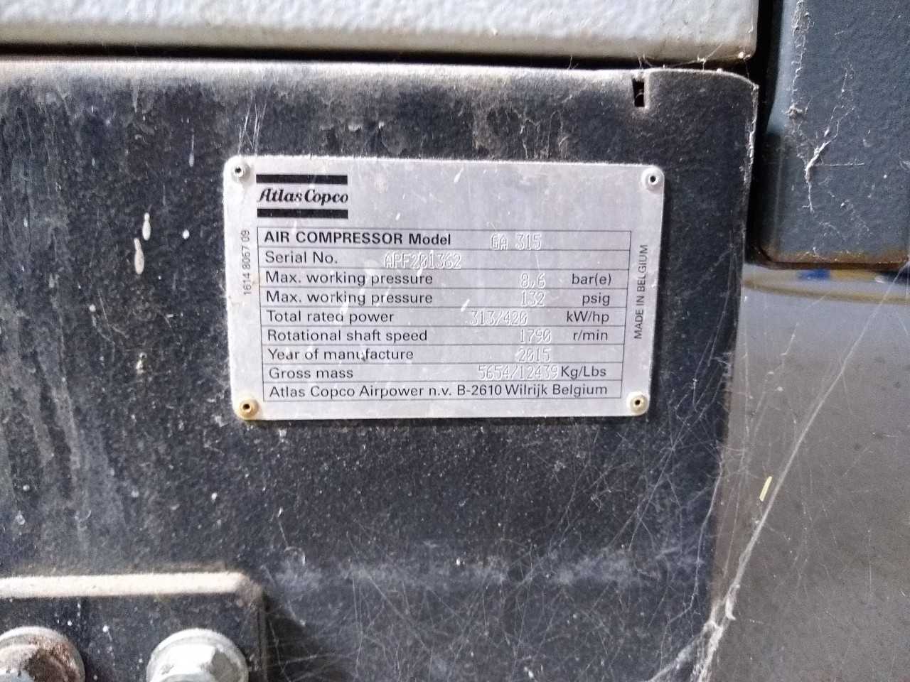 2015 Atlas Copco GA 315 Air Compressor - AIR COMPRESSORS