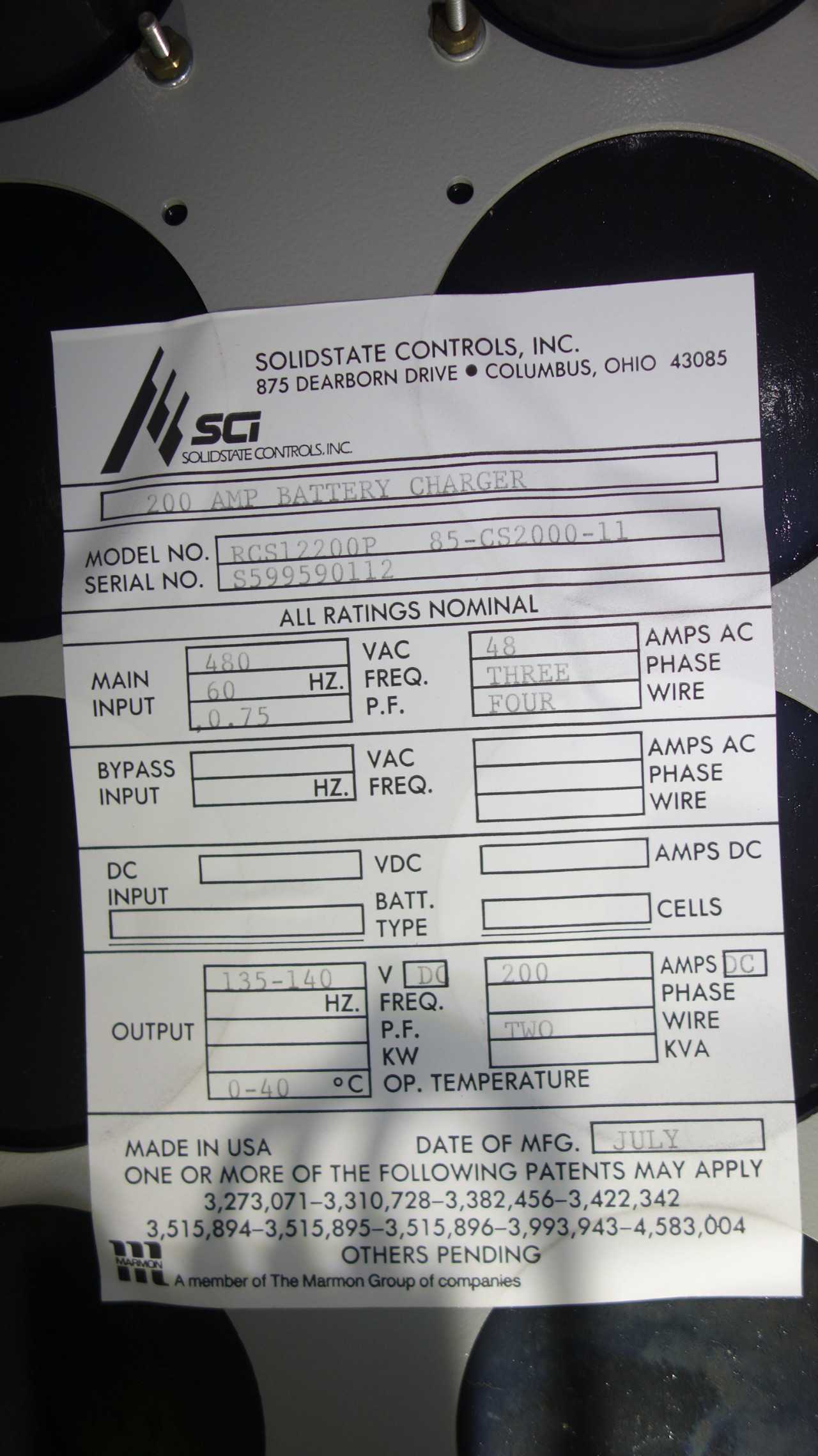 SOLIDSTATE RCS12200P 200 AMP BATTERY CHARGER - ELECTRICAL COMPONENTS