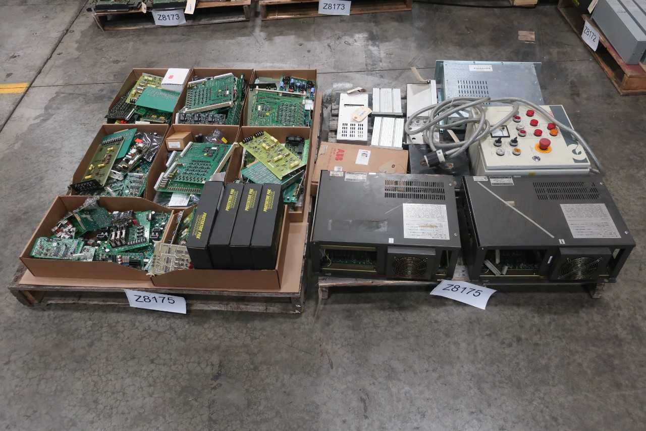 2 PALLETS OF ASSORTED ELECTRICAL CIRCUIT BOARDS, CONTROLLER CONTROLS - MITSUBISHI, ABB, NEW WESTINGHOUSE, GENERAL ELECTRICAL - ELECTRICAL COMPONENTS