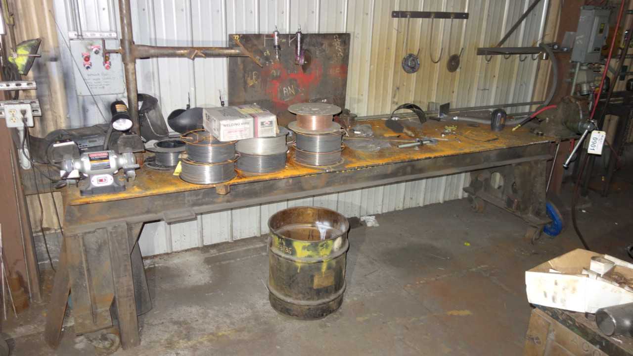 STEEL WORK BENCH WITH CONTENTS, BENCH GRINDER, VISE - MISCELLANEOUS