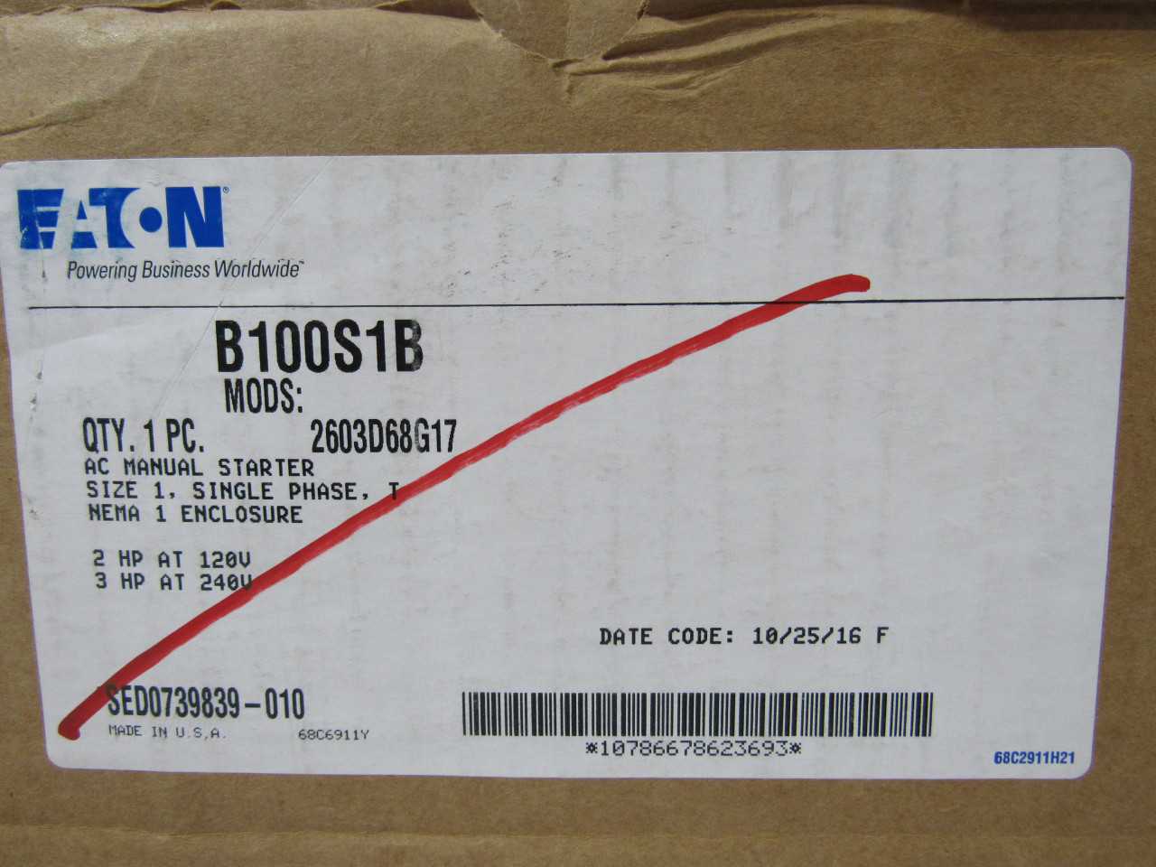 1x Eaton B100S1B Manual Starter Enclosed - MOTOR STARTERS