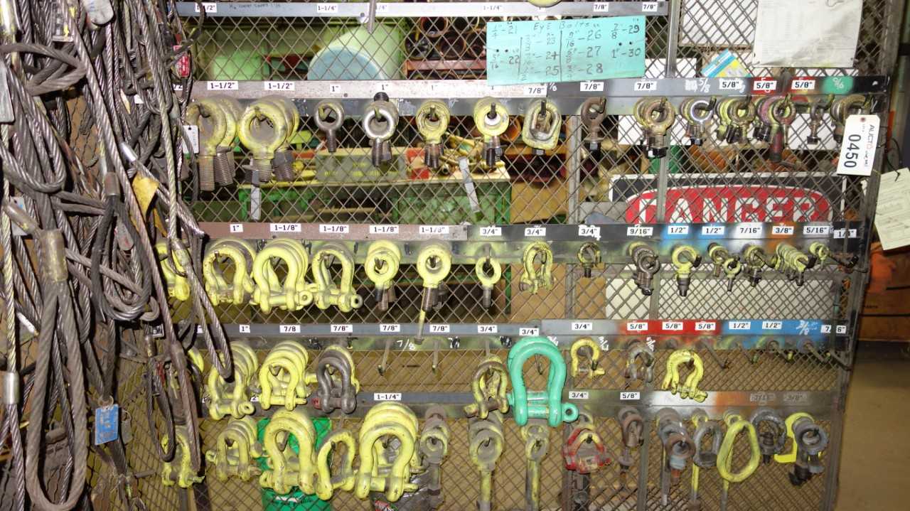 ASSORTED LOT OF EYE BOLTS AND CLEVISES 5/16 IN TO 1-1/2 IN - HAND TOOLS