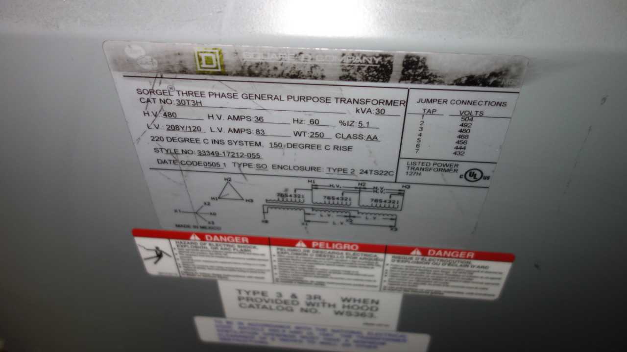 LOT OF 4 SQUARE D 30T76H 30KVA 480V-AC TRANSFORMERS - CONTROL TRANSFORMERS