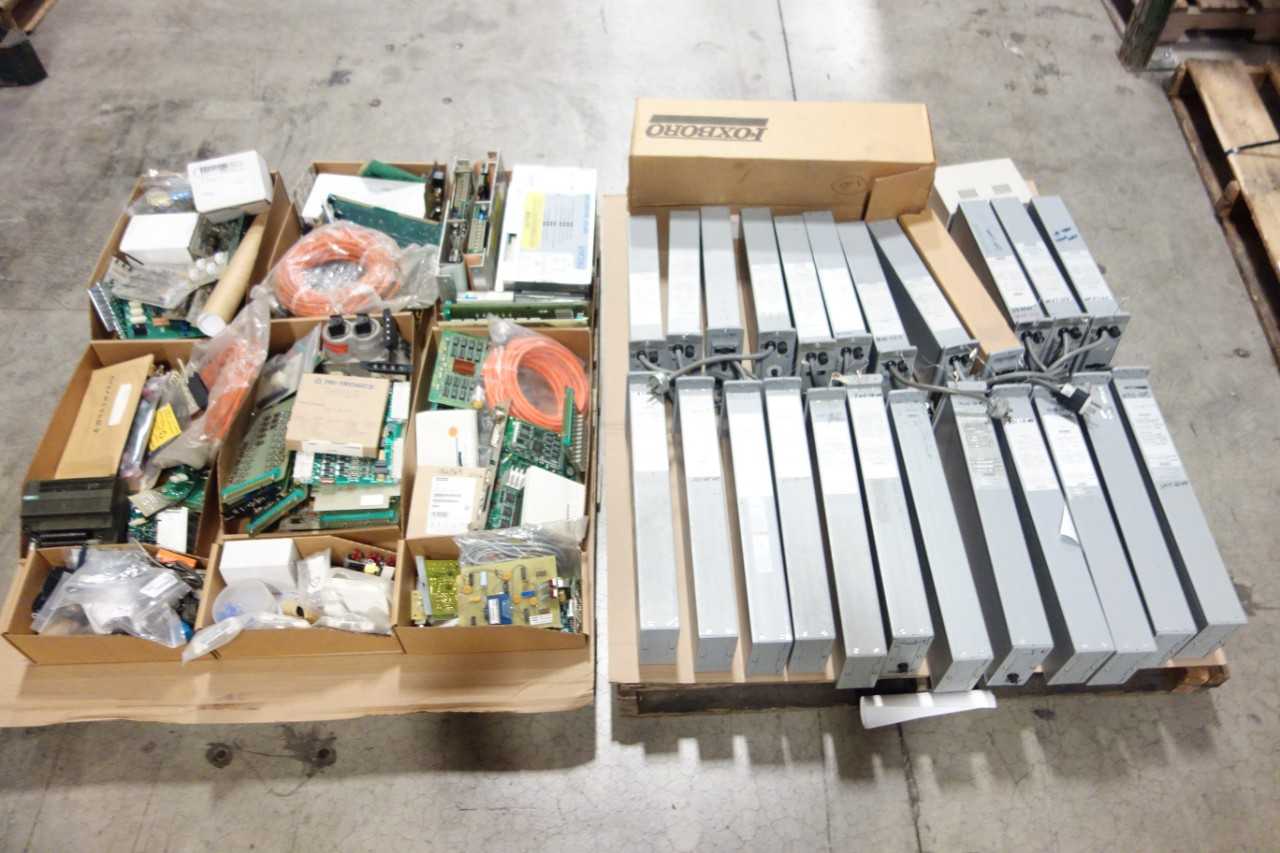 2 PALLETS OF ASSORTED ELECTRICAL CIRCUIT BOARDS, EXIT SIGN, MODULES, CORDS, POWER SUPPLY, 63U CUSTOM M/63U OTHER PLC AND DCS MODULE- FOXBORO, HUBBELL LIGHTING INC, EATON, ROSEMOUNT, SIEMENS, TRI-TRONICS, MEDAR - AUTOMATION & CONTROLS