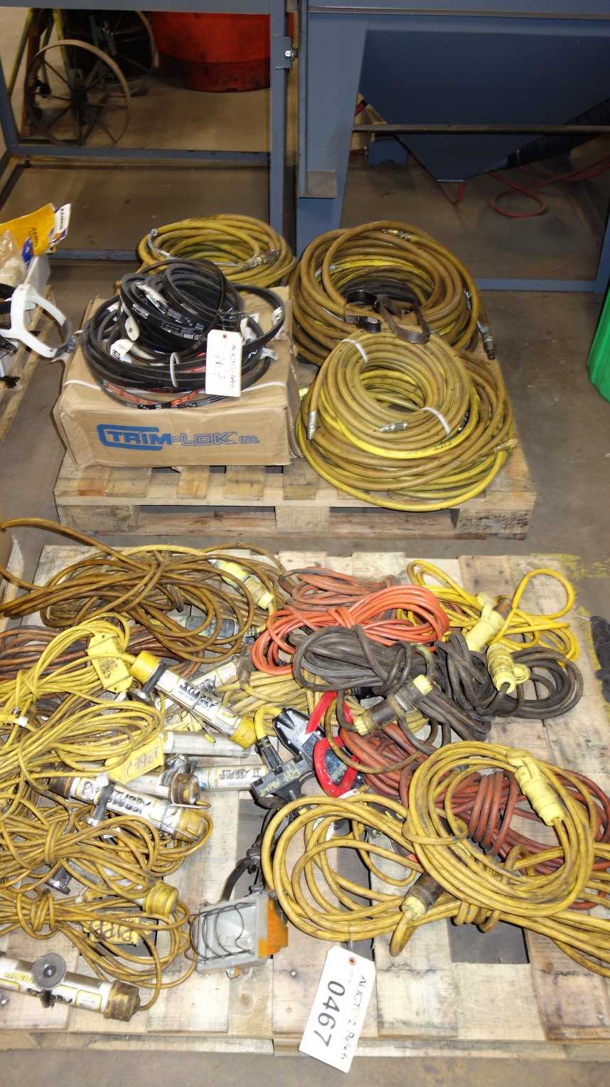 2 PALLETS OF ASSORTED EXTENSION CABLES LIGHTS AIR HOSES AND BELTS - LIGHTING