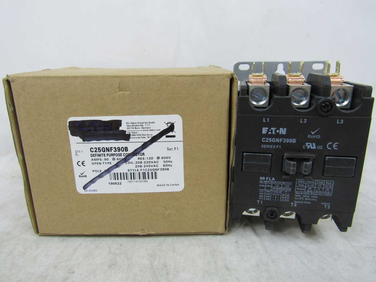 Lot of Qty 2x Eaton C25GNF390B Definite Purpose Contactor 3P 90A 600VAC 50/60Hz - CONTACTORS Lot of Qty 2x Eaton C25GNF390B Definite Purpose Contactor 3P 90A 600VAC 50/60Hz - CONTACTORS