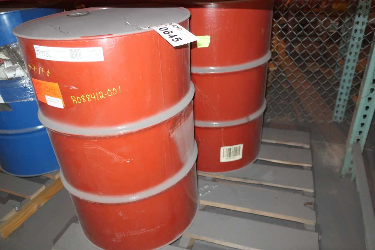 LOT OF 2 55 GALLON DRUMS OF MOBIL DTE 797 OIL - PALLET JACKS