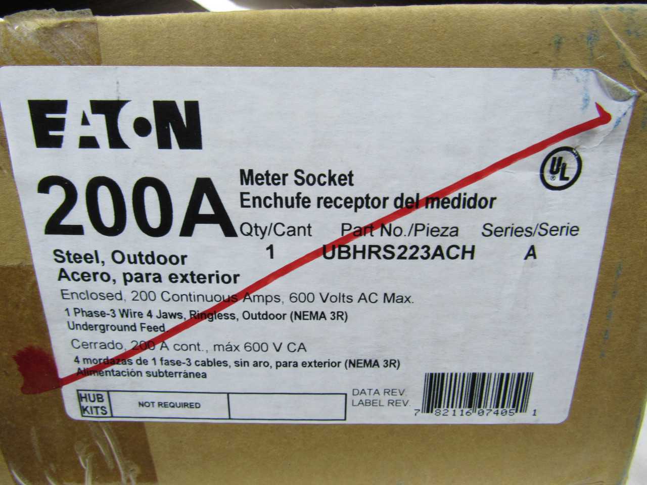Quantity of 1 New Surplus Eaton UBHRS223ACH Meter Socket 200A 600V 4 Jaws - INDUSTRIAL PARTS