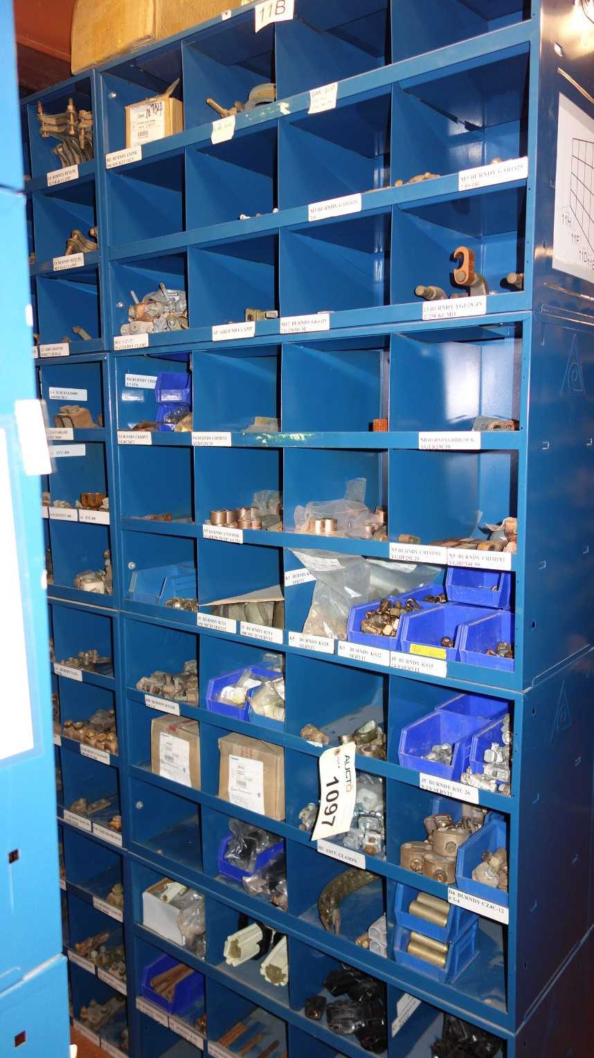 CONTENTS OF 4X STACKED PIGEON HOLE CABINET, ASSORTED TERMINAL LUGS, GROUND CLAMPS, CRIMPS, CONNECTORS, BURNDY - ELECTRICAL COMPONENTS