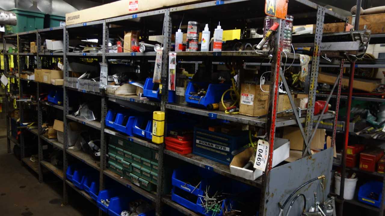 CONTENTS OF 6 SHELVING SECTIONS ASSORTED SCREWS HOOKS WELDING EQUIPMENT WRENCHES SOCKETS AND STAMPS - INDUSTRIAL PARTS