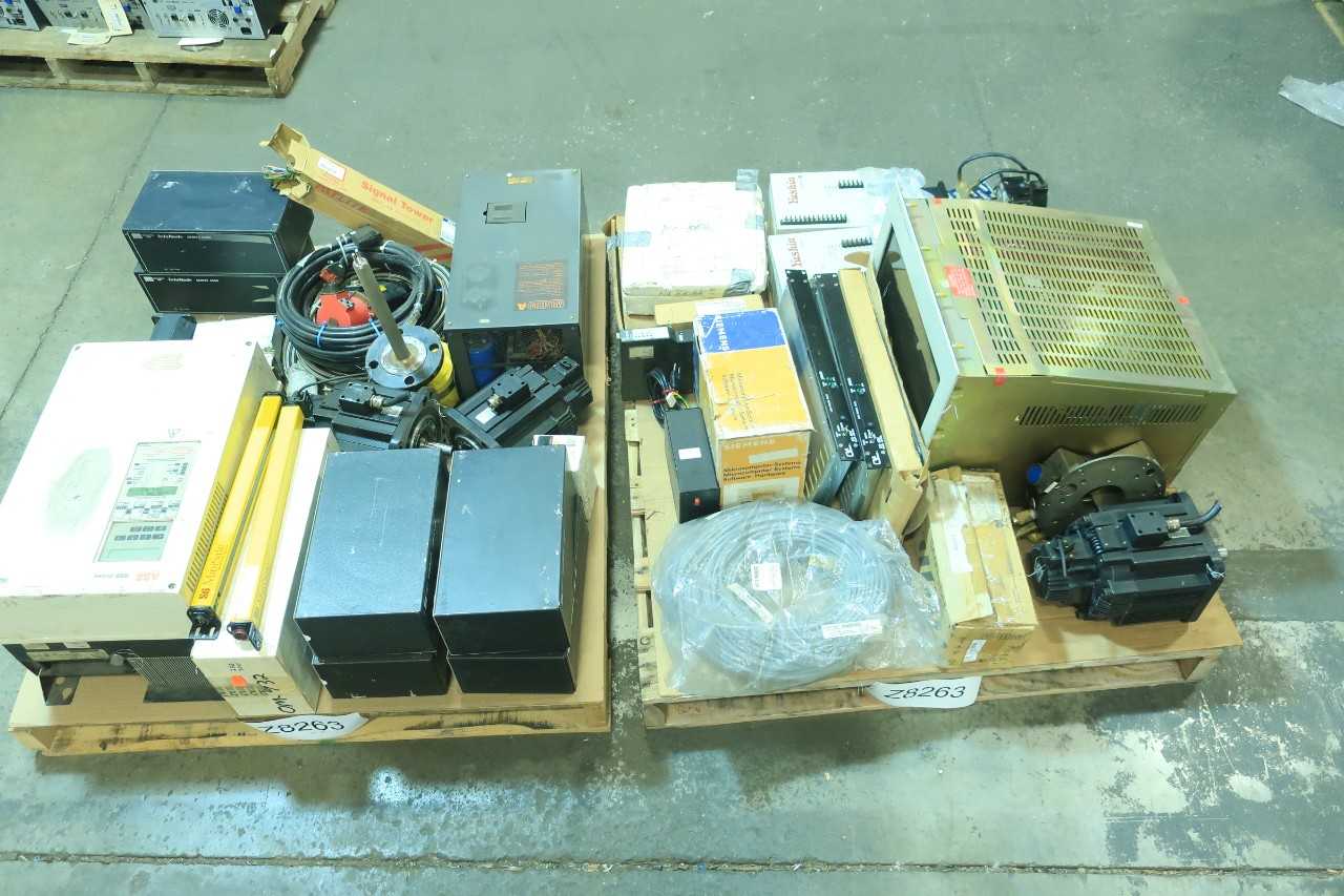 2 PALLETS OF ASSORTED ELECTRICAL SERVO MOTOR, MOTOR DRIVE, CABLE-WIRE CONTROLS, SERVO DRIVE, LIGHT CURTAIN, MICRO SWITCH, SIGNAL TOWER- YASKAWA, ABB, SIEMENS, SANYO DENKI, MINISAFE, MITSUBISHI - ELECTRICAL COMPONENTS