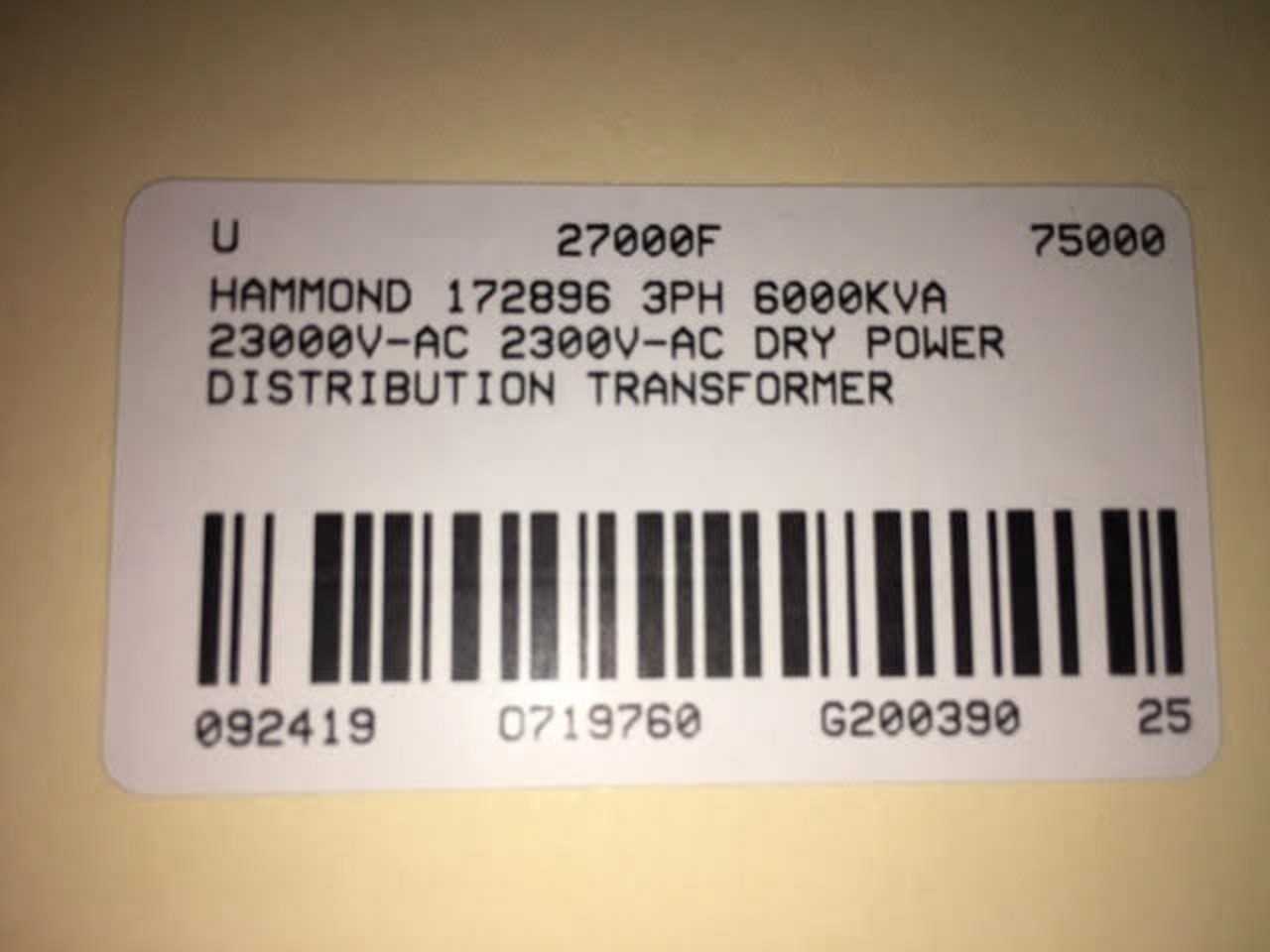 Hammond 172896 3ph Dry Type Transformer 6000kva 23000v-ac 2300v-ac - CONTROL TRANSFORMERS