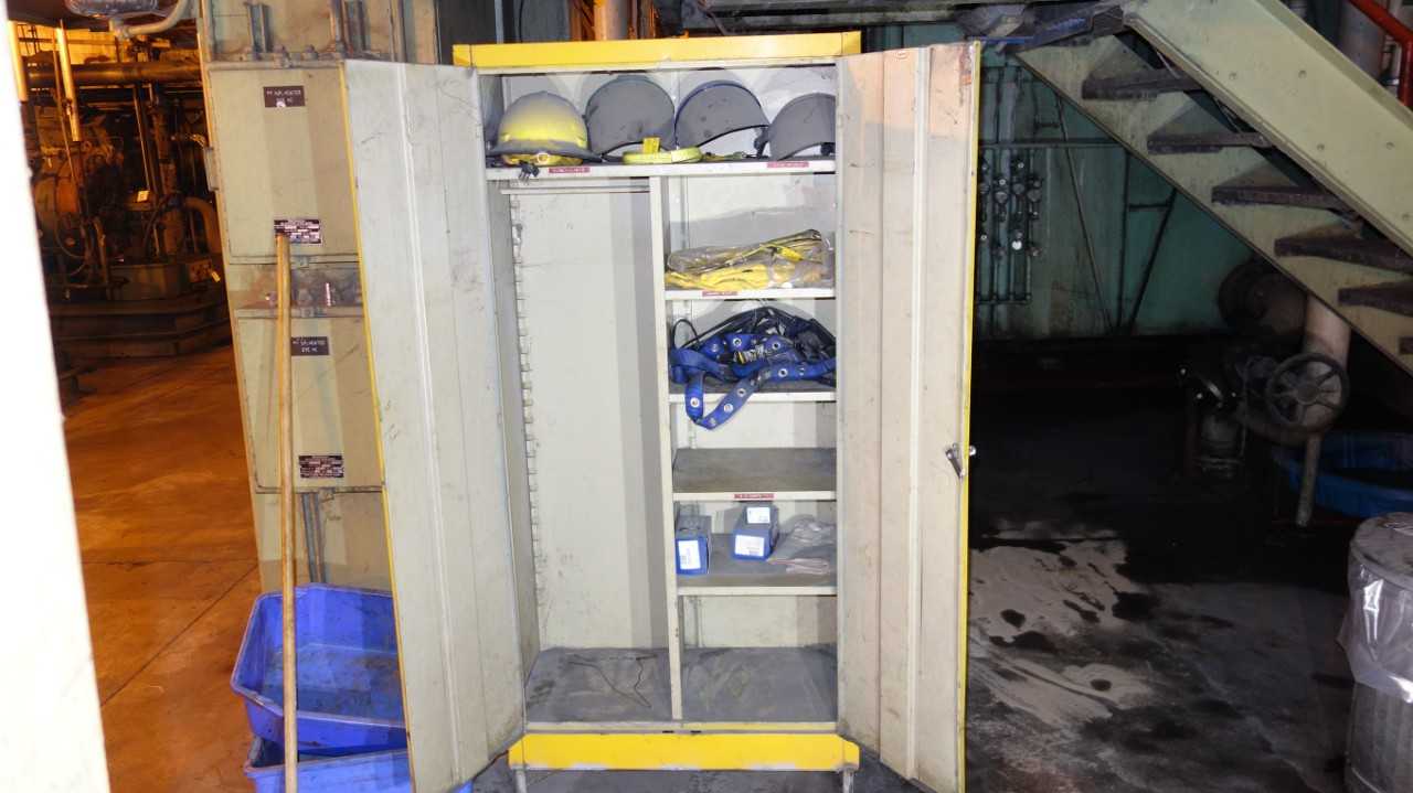2 DOOR SAFETY LOCKER W/ CONTENTS, FIRE HELMETS, FACE SHIELDS, HARNESSES - TOOL STORAGE