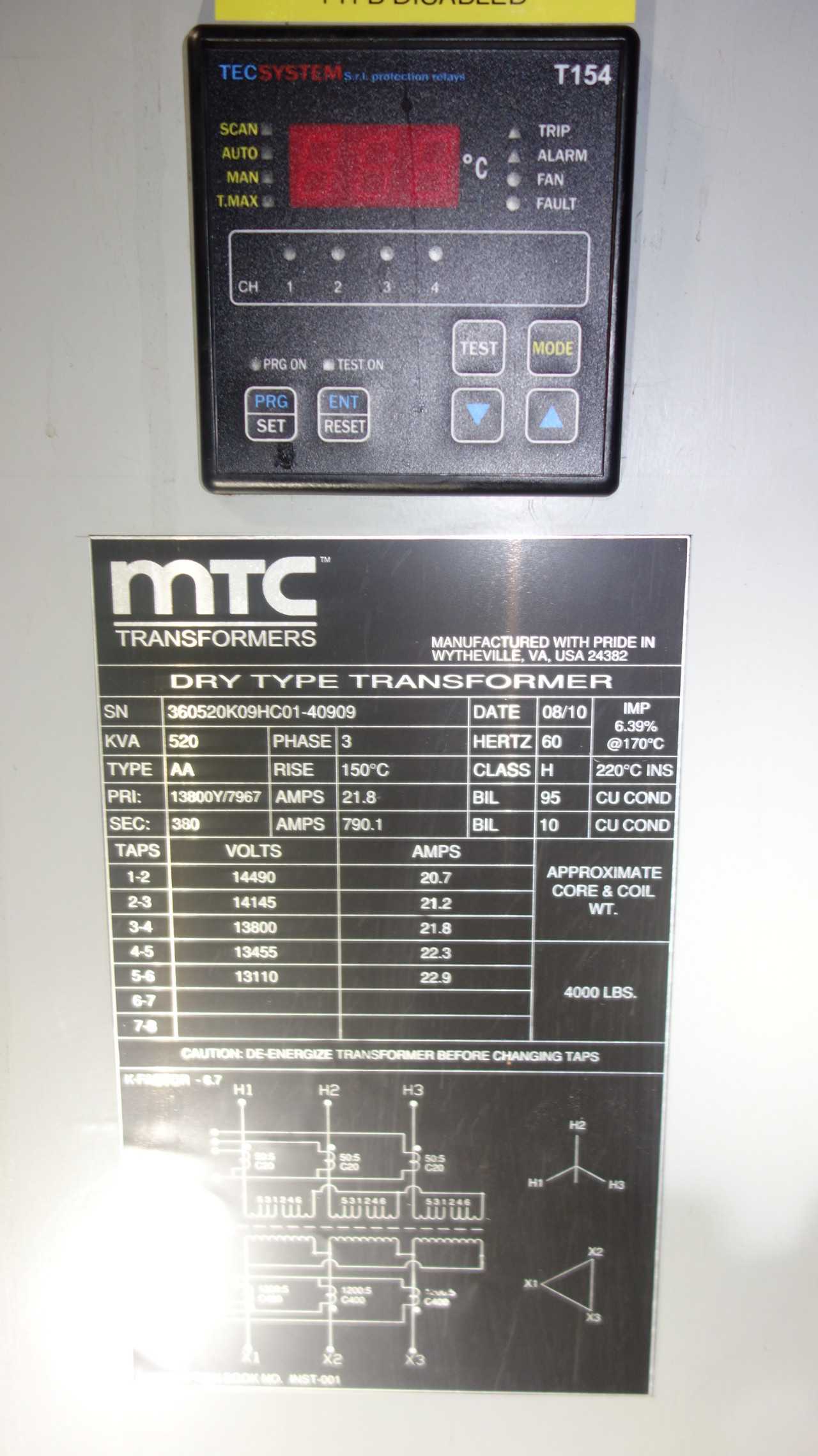 MTC AA 520KVA 13800V-AC DRY TYPE TRANSFORMER - CONTROL TRANSFORMERS