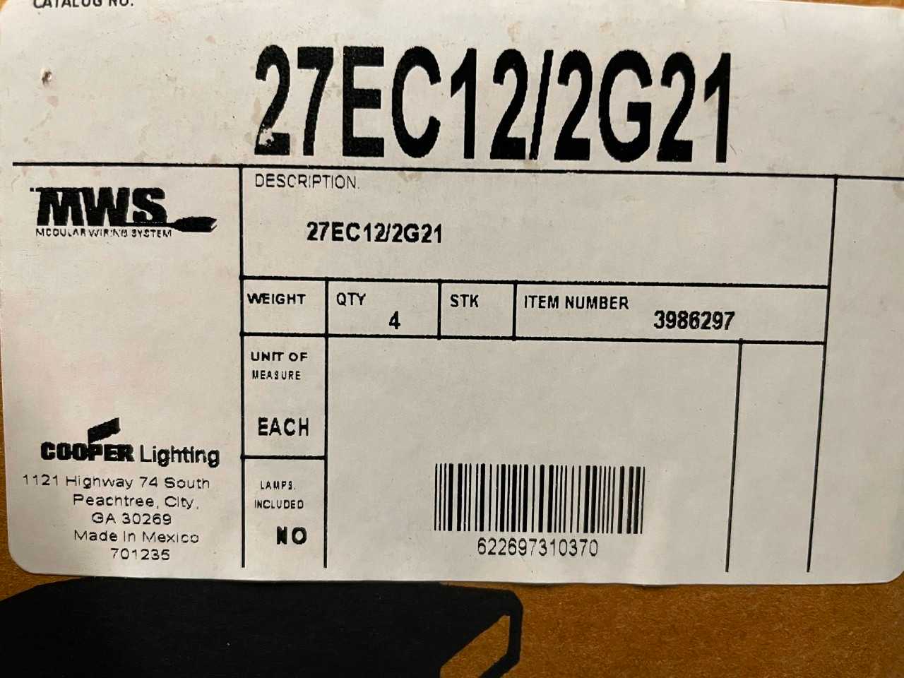 New - Lot of 8 - Cooper Lighting 27EC12/2G21 MWS Extender Cable 277V 21 ft. - ELECTRICAL COMPONENTS