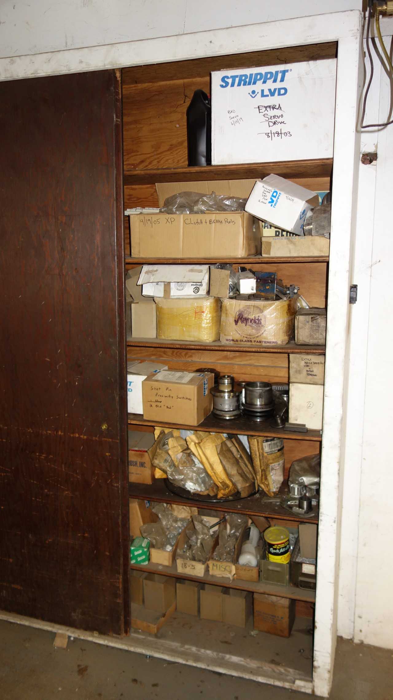 CONTENTS OF SHELVING, STRIPPIT FC1000 SPARE PARTS, SERVO DRIVES, PROXIMITY SWITCHES, CLUTCH BRAKE PARTS, MILLS, BOLTS, FASTENERS, ELECTRO-CRAFT, BALLUFF