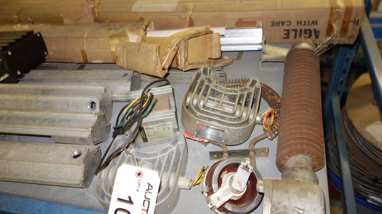 CONTENTS OF SHELF, ASSORTED HEATING EQUIPMENT, HEATERS, COILS, O'BRIEN, PYROTEMAX, CHROMALOX (FULL SHELF) - HVAC EQUIPMENT