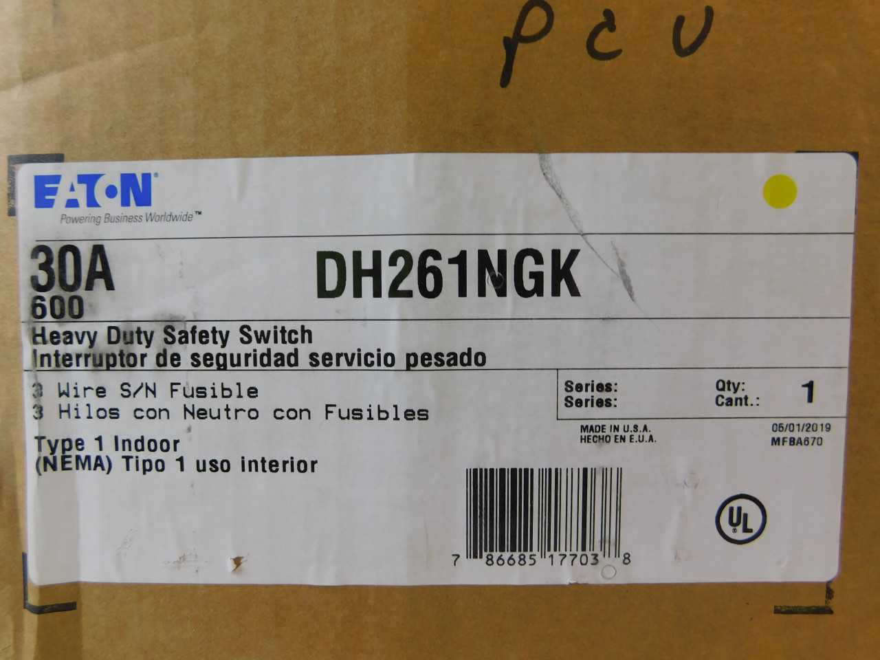 Quantity 1 of Eaton DH261NGK Safety Switch 2P 30A 600V - CIRCUIT BREAKERS